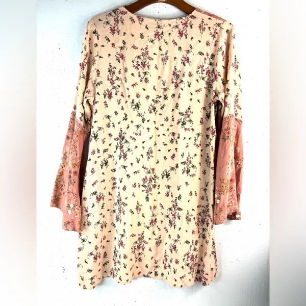 Love, Fire L Boho Bell Sleeve Pink Floral Embroidered Tunic Top - Image 2
