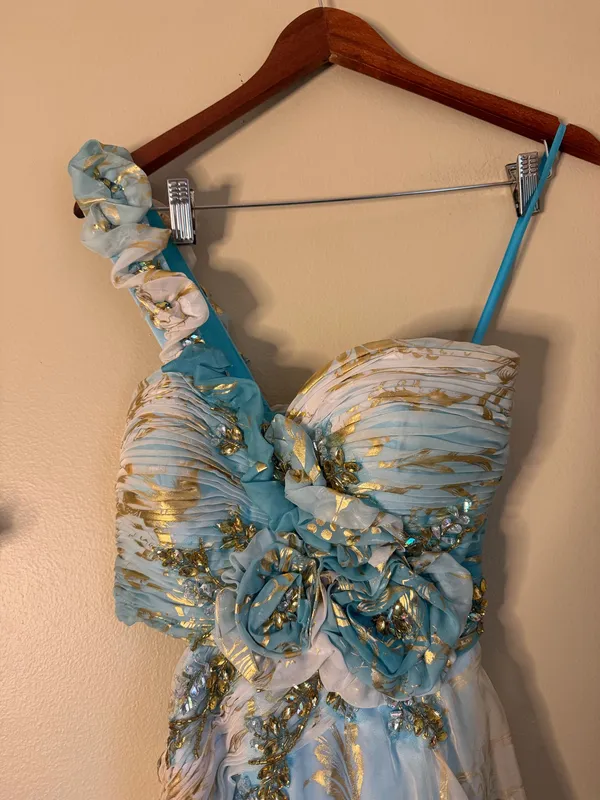 Mac Duggal Beaded One Shoulder Cut Out Gown Maxi Dress Turquoise Gold Size 6 - Image 3