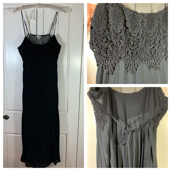 Flora Black Crochet Lace Pleated Long Dress Womens‎ Medium Adjustable Straps LBD - Image 13