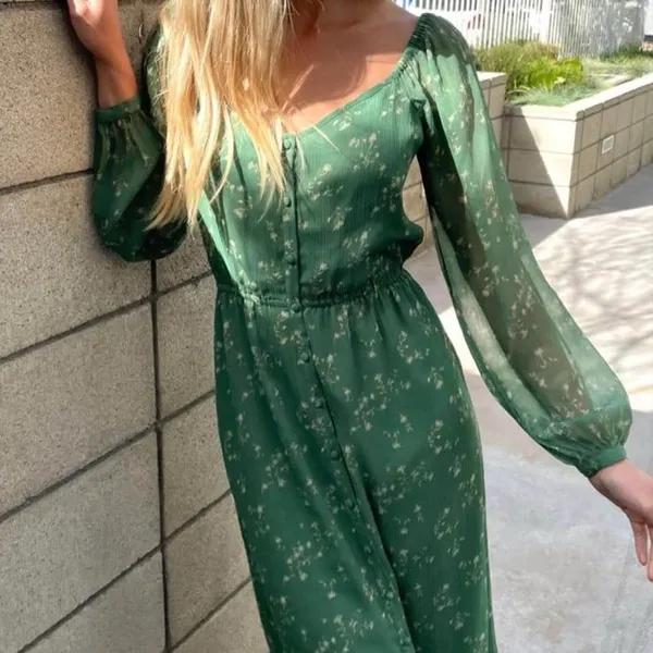 Reformation Oak + Fort Emerald Green Floral Button Front Long Sleeve Maxi Dress NWT M - Image 2