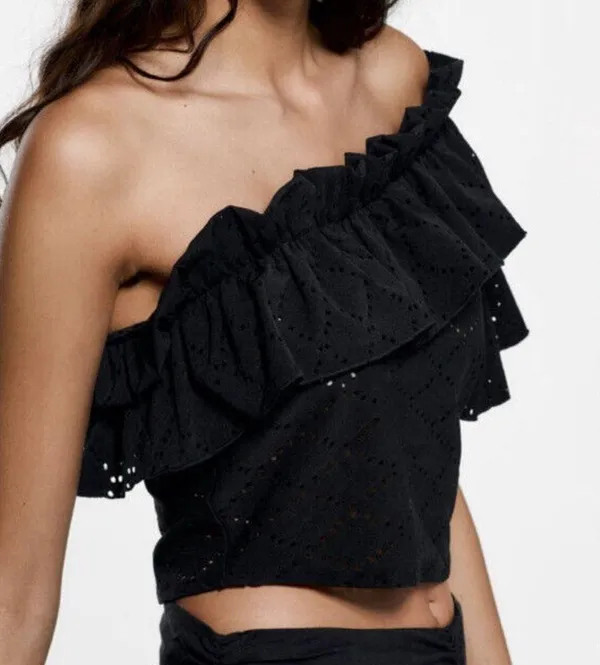 Zara One Shoulder Eyelet Ruffle Top Black Large Stretchy - Image 3