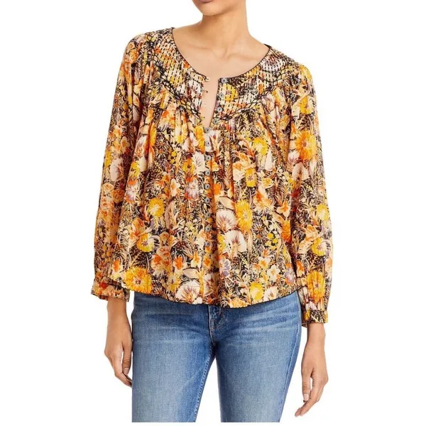 Free People We The Free Small COOL MEADOW Printed Floral Top Orange Earthy Boho - Image 2