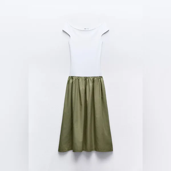 Zara White and Olive‎ Green Off-Shoulder Midi Dress - Image 2