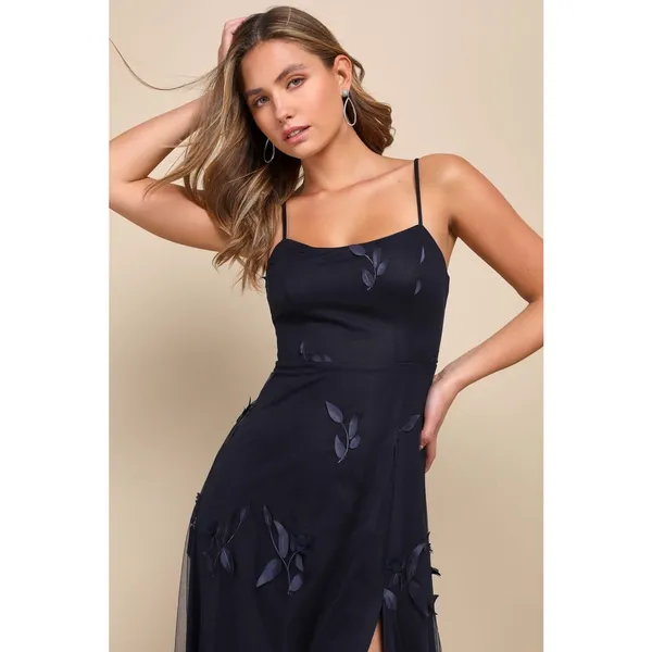 NWT Lulus Abundant Charm Navy Blue 3D Floral Applique Maxi Dress Cocktail Size S - Image 3