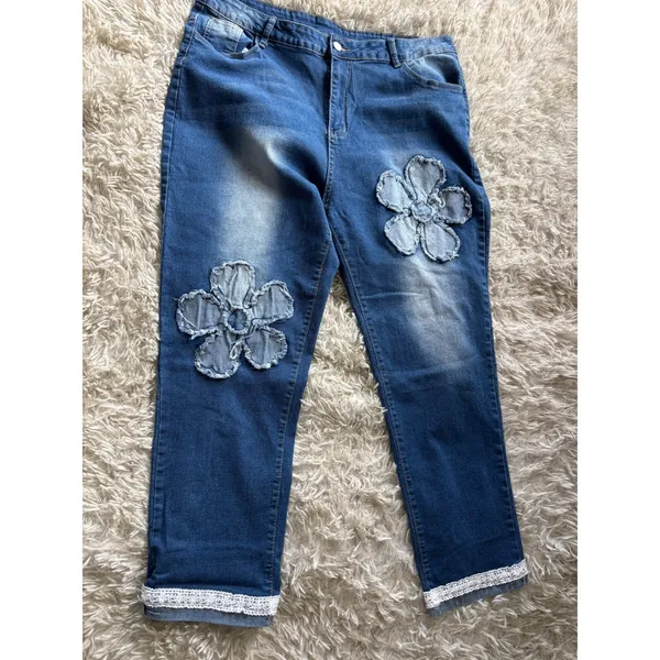 Floral Applique Lace Trim Straight Leg Denim Jeans Blue 3XL Boho‎ Stretch - Image 3