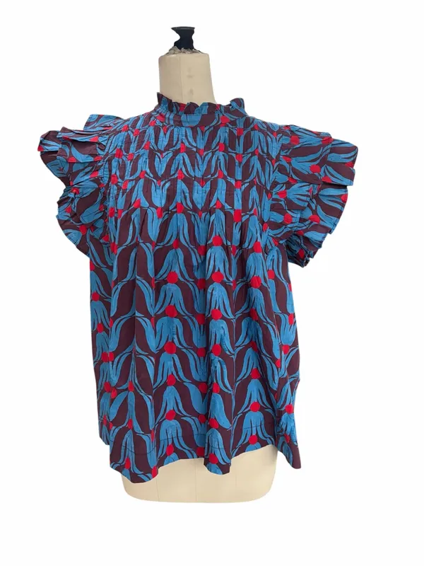 Oliphant Pintuck Blue and Burgundy Floral Ruffle-Sleeve Blouse large - Image 2