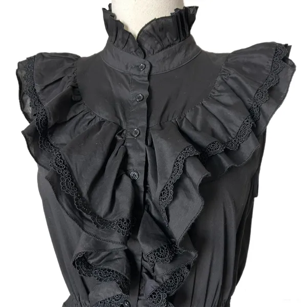 The Shirt by Rochelle Behrens Jill Mini Dress in Black Ruffle Lace Tiered Small - Image 3