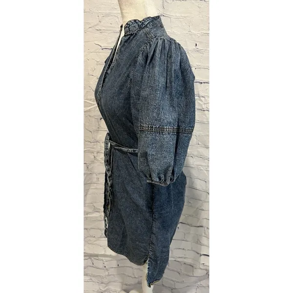 Rebellion denim puff sleeve button down short shirt dress with a tie waist S - Image 3