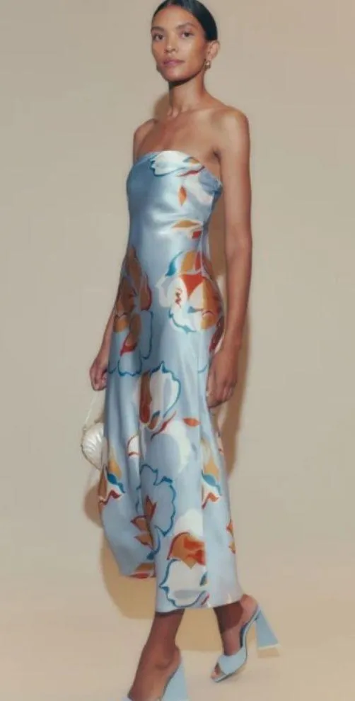 💕REFORMATION💕 Joanne Silk Dress ~ Hyperion Blue Print 10 NWT - Image 3