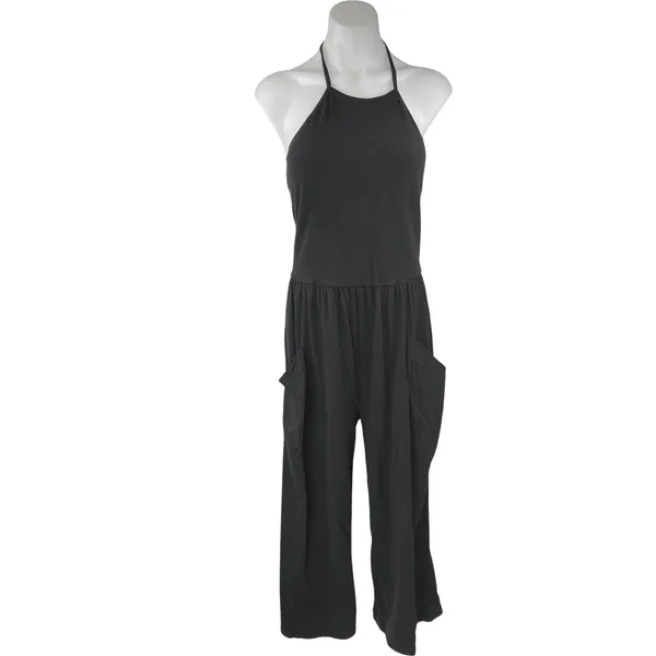 Oak + Fort Women's Black Sleeveless Halter Wide Leg Pockets Romper Jumpsuit Sz L - Image 2