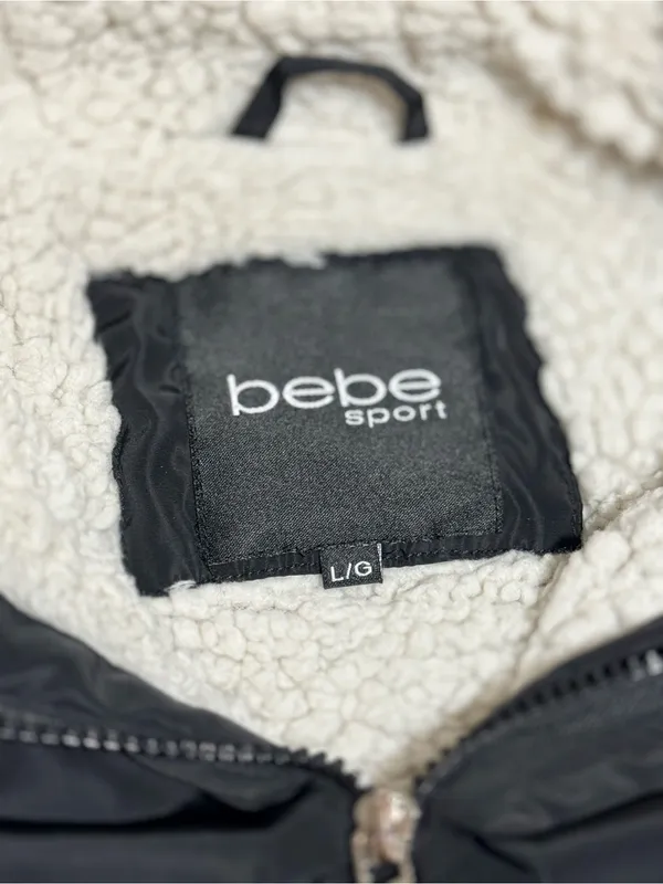 Bebe Sport Womens L Black Windbreaker Jacket Sherpa Lined Hood Full Zip Bomber - Image 3