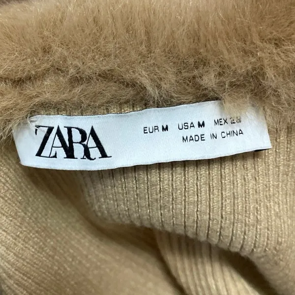 Zara Women's Brown Rib Knit Faux Fur Collar Long Sleeve Crop Sweater Top Size M - Image 4