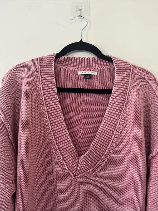 American Eagle Pink V Neck Knit Oversized Sweater Small Relaxed Cozy Coastal - Image 3