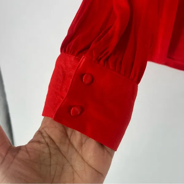 RP Rachel Parcell‎ Red Ruffle Neck Satin Blouse Long Bishop Sleeves - Image 5