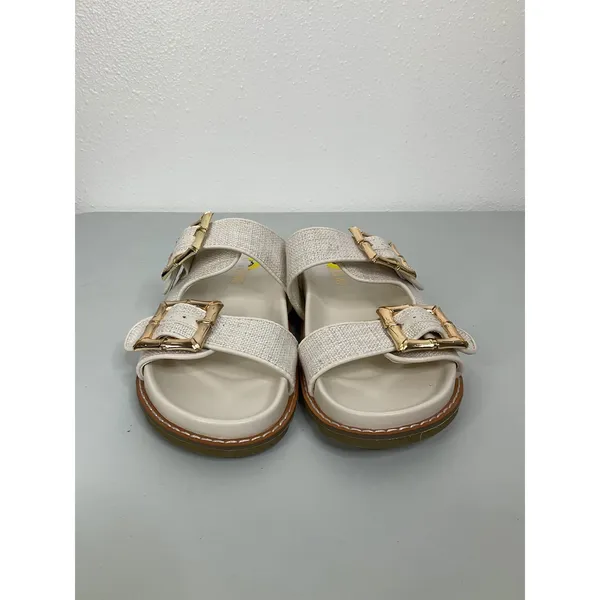 Jason Wu Womens Cream Linen‎ Double Buckle Slide Sandals Gold Bamboo Detail 9 - Image 2