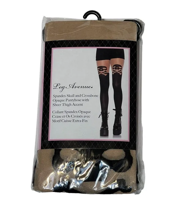Leg Avenue Spandex Skull & Cross-bone Opaque Pantyhose with Sheer Thigh Accents - Image 2