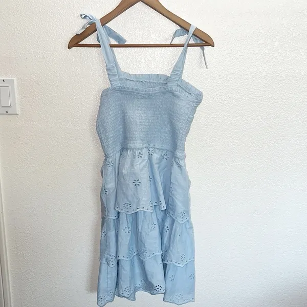 Sincerely Jules Light Blue Smocked Tiered Floral Tank Top Tie Strap Mini Dress - Image 9