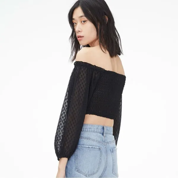 Aeropostale Clip Dot Lace Up Off The‎ Shoulder Crop Top Black Medium Sheer Indie - Image 5