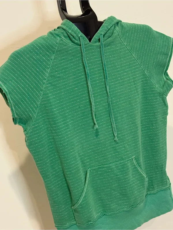 dELiA*s Green Metallic Stripe Short Sleeve Hoodie Top Size Large - Image 3