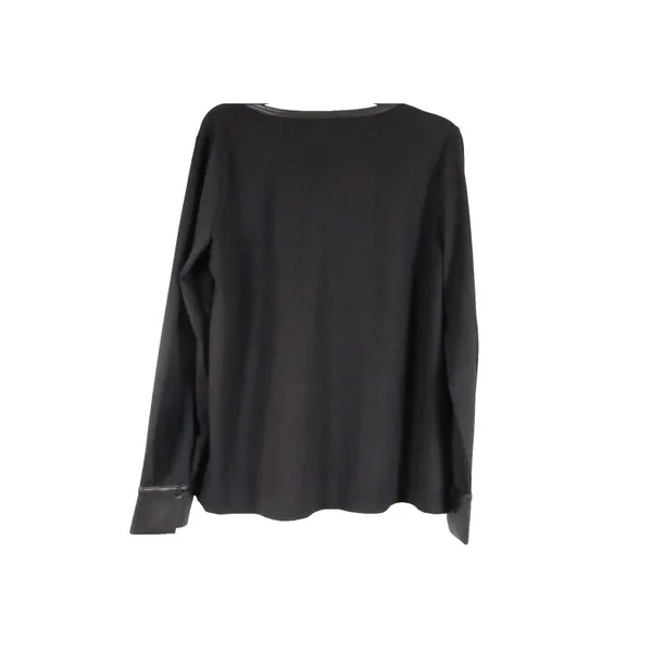 Ann Taylor Factory Black Top Faux Leather Trim V‑Neck Long Sleeve NWT Women’s L - Image 2