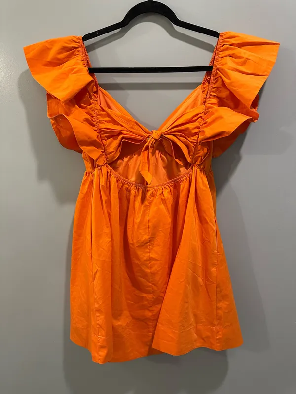 Day + Moon Ruffle Sleeve Tie Back Poplin Mini Dress Orange - Image 6