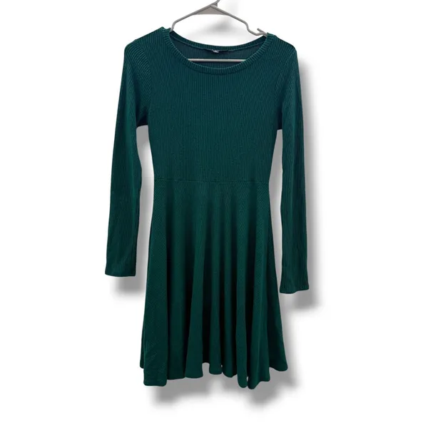 Lulus‎ Hunter Green Ribbed Knit Fit Flare Skater Dress Womens Small Long Sleeve - Image 3