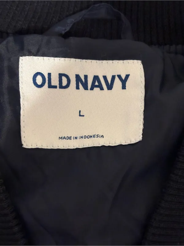 Old Navy Denim Varsity Bomber Jacket L Dark Wash Snap Front Striped - Image 2