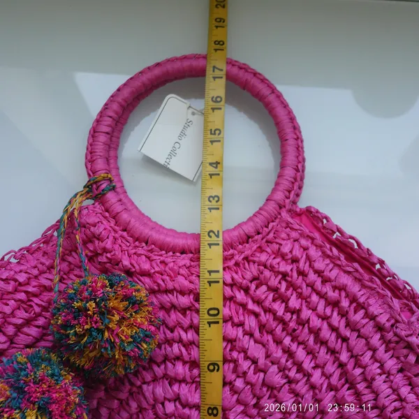 Studio Collection Straw Boho Beachy Tropical Pom Pom Round Circle Tote Bag Pink - Image 7