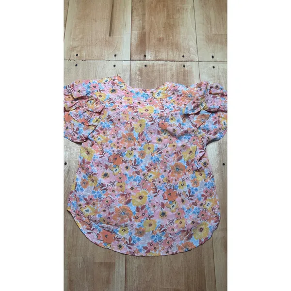 Democracy Womens Floral Ruffle Flutter Sleeve Top Pink Orange Yellow Blue Size M - Image 4