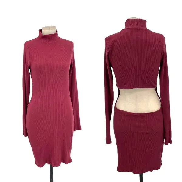 Free People Beach Guess Who's Back Rib Knit Cutout Dress Wild Garnet‎ Size Large - Image 3