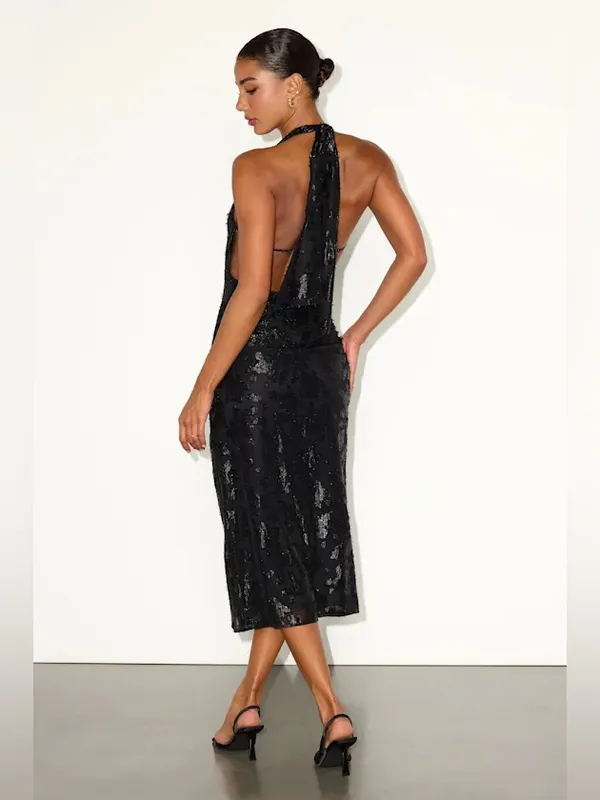 Lulu's Black Burnout Lurex Backless Halter Midi Dress - Image 4