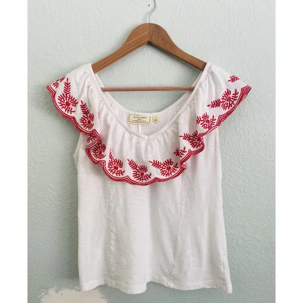 Anthropologie Moulinette Soeurs White/Red Julieta Ruffled Top Size S Boho Chic - Image 3