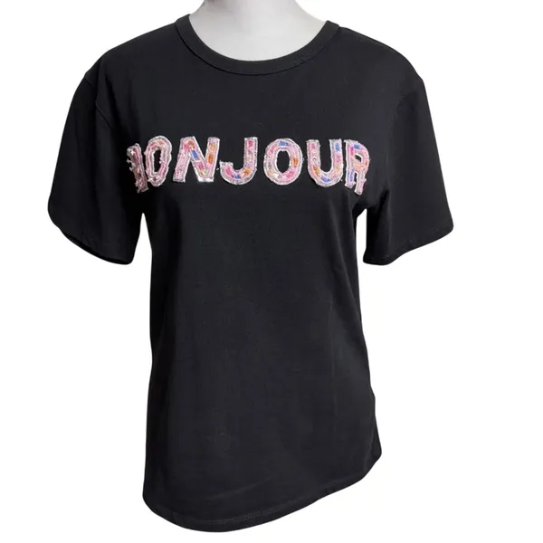 Endless Rose Bonjour Beaded Sequin Tee Textured Black Pink Small - Image 3