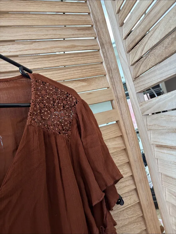 St. John's Bay Rust Brown Button-Front Boho Top with Embellished Shoulders LARGE - Image 3
