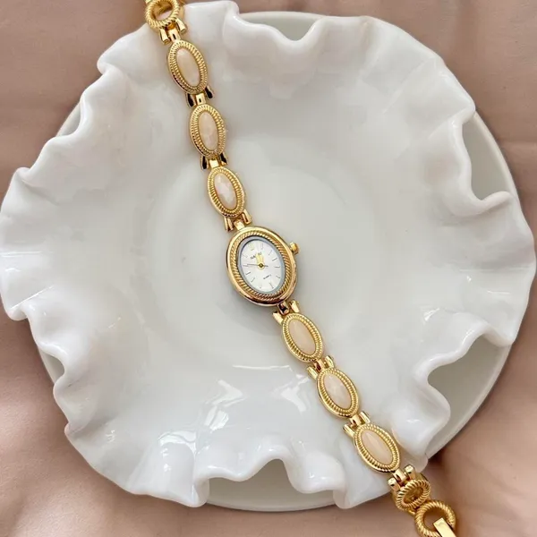 Dainty Vintage Gold And White Stone Watch - Image 2