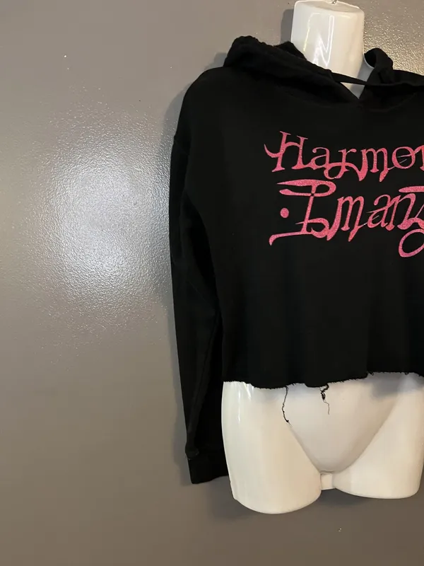 Harmony Emani Hoodie Womens Small Black Cropped Distressed Streetwear Graphic - Image 3
