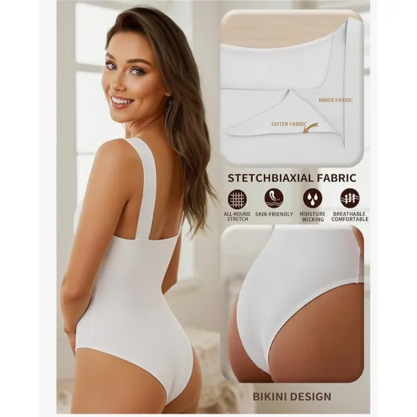 Womens White Square Neck Bodysuit Medium Sleeveless Seamless - Image 3