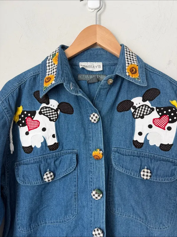 Vintage 90s Cow Appliqué Denim Shirt Sunflower Sz Med ^ - Image 2