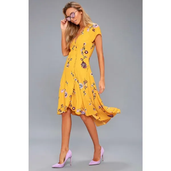 Free People FP Yellow Lost in You Floral Midi Dress XS - Image 10