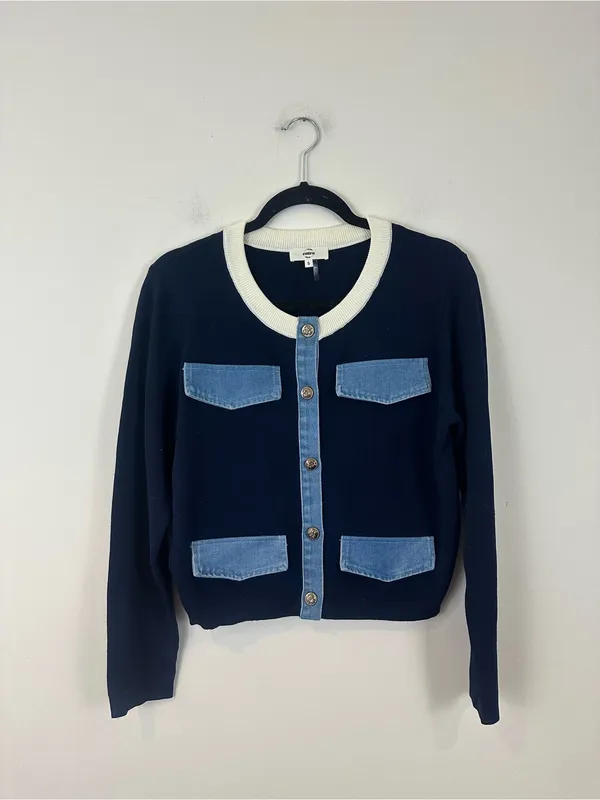 Entro Navy Knit Cardigan Jacket with Light Denim Trim Size Small Women's - Image 2