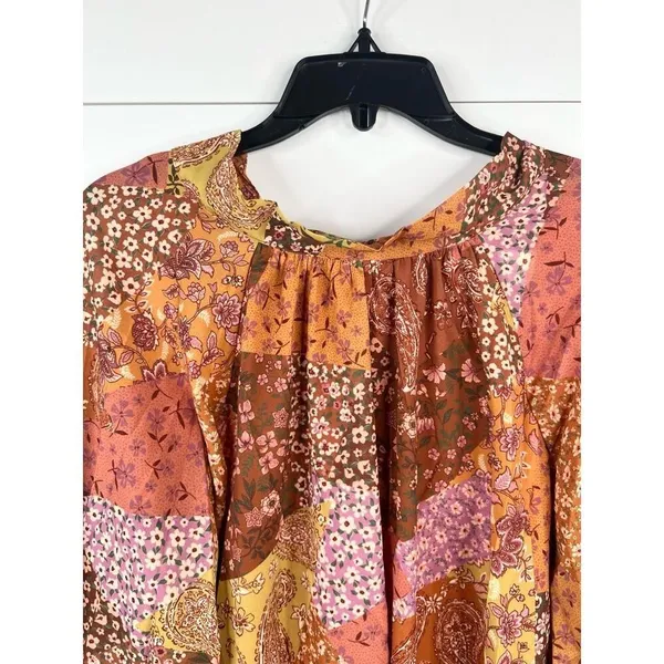 Aura Floral Paisley Patchwork Long Sleeve Peasant Blouse Size L Tie Back - Image 5