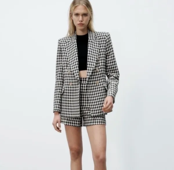 Zara houndstooth double breasted gold button oversized blazer jacket M  - Image 3