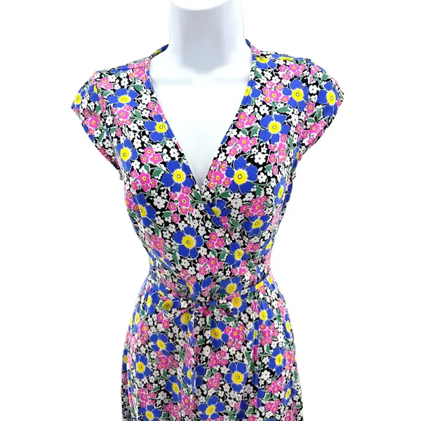 J.Crew Women XXSP Floral Wrap Midi Dress Cap Sleeve Blue Pink Yellow‎ New L4210 - Image 3