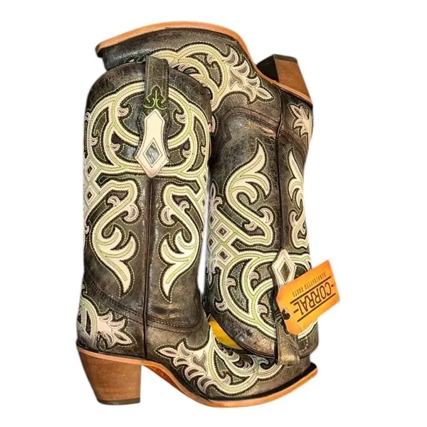 Corral Leather Green/Gray Embroidered Overlay Western Pull On Boots(Size 8.5) - Image 2