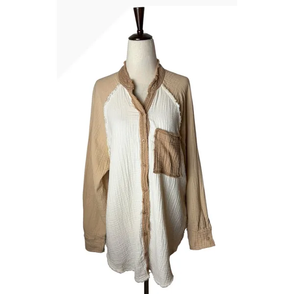 Aerie Gauzy Coverup Shirt Women‎ XS Tan Ivory Colorblock Cotton Oversized - Image 2