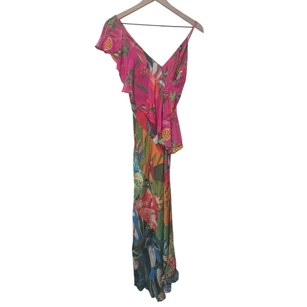 Farm Rio Midi Dress Sm Tropical Ruffle Asymmetric Boho Botanical Anthropologie - Image 7