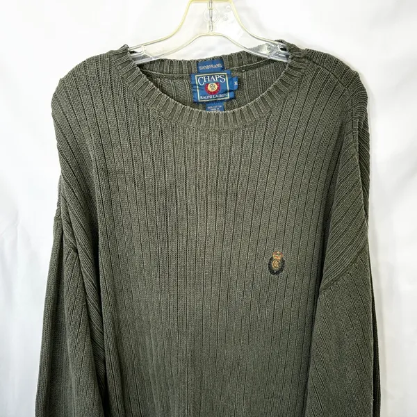 VTG Chaps Ralph Lauren XL Sweater Green Ribbed Cotton Heavyweight Fisherman 1023 - Image 5