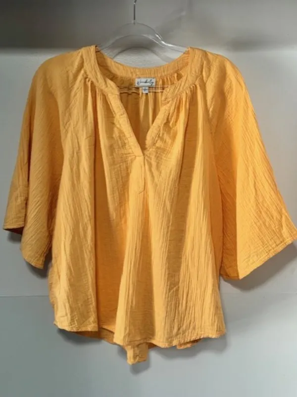 Wonderly Women’s Large Mustard Yellow Gauze Peasant Blouse Boho Split Neck Top - Image 2