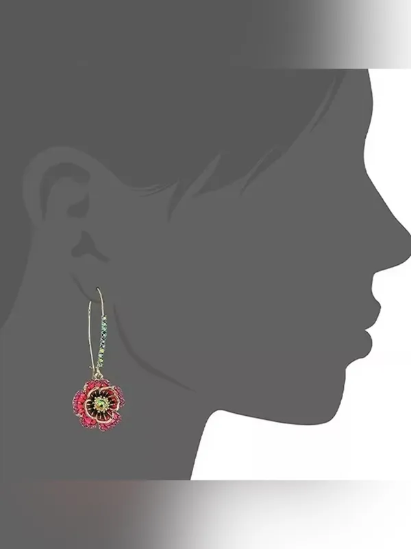 Betsey Johnson Pink Floral Drop Exquisite Rose Crystal Red Enamel Gold tone hook - Image 2