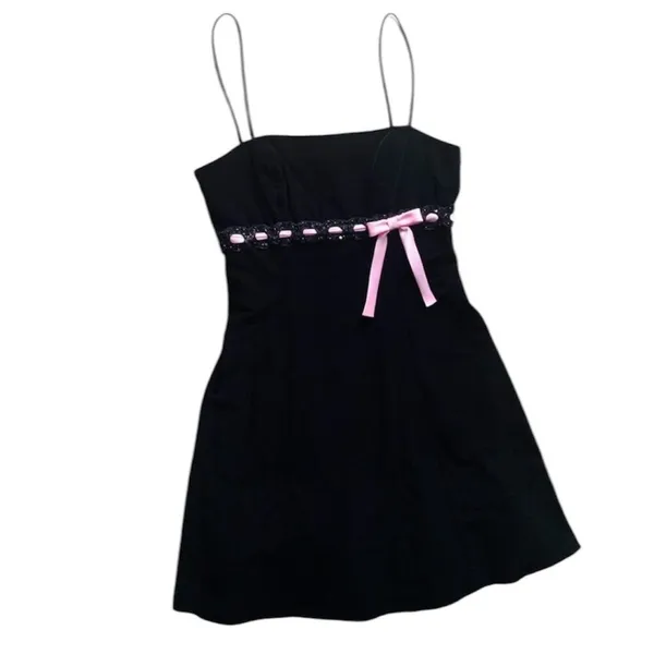 Betsy & Adam Vintage Black Velvet Mini Dress Pink Bow 6 XS - Image 3